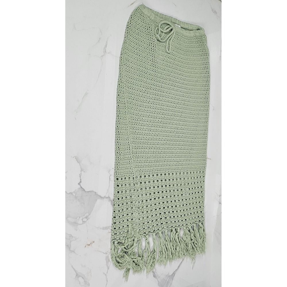 Emory Park Sage Green Crochet Knit Midi Skirt Fringe‎ Tassel IMK8950S Small